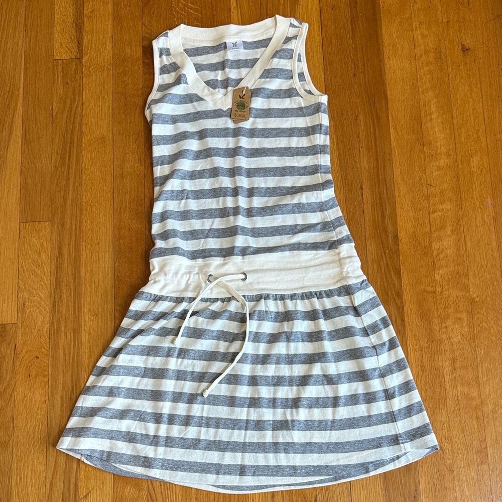 Maks activewear women’s grey and ivory striped drawstring sleeveless dress